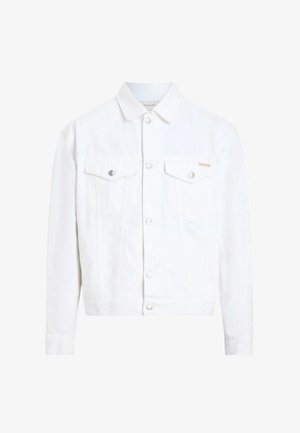 Hvid denimjakke med knapper foran, to brystlommer med klapper og knapper, lange ærmer og en lille Calvin Klein-logo på venstre lomme.