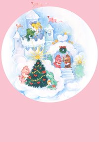 Farverig illustration med figurer prydet med hjerter omkring et juletræ, sat mod en pastelrosa baggrund og sne.