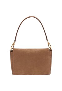 Brown suede handbag with a flat rectangular body, a single rounded handle, and gold-tone hardware accents. Smooth texture and minimalist design.