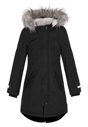 Parka noire avec une capuche doublée en fausse fourrure, fermeture à pression et à glissière à l'avant, poches latérales et poignets côtelés. Doublure intérieure douce et texturée.