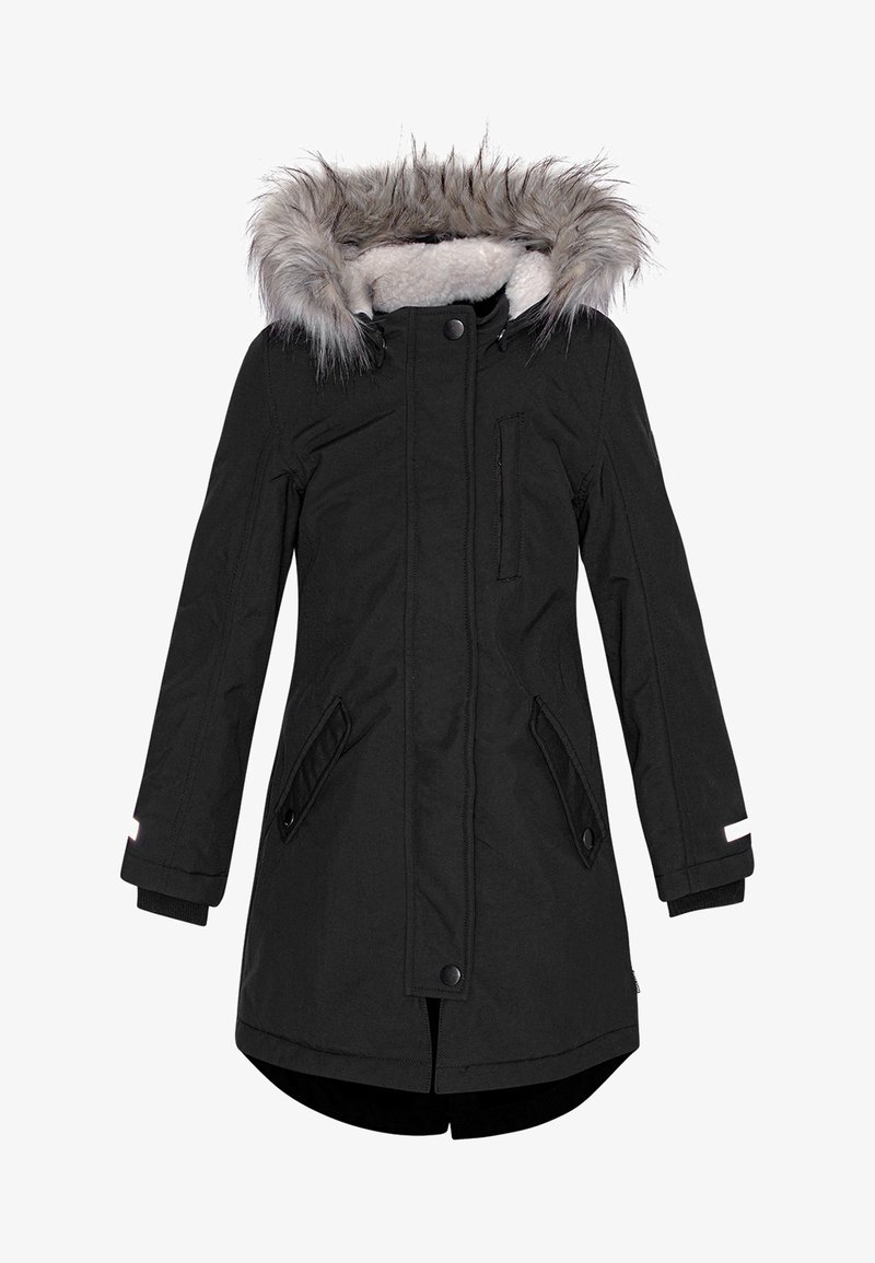 Juodas parkas su dirbtiniu kailiu apsegtu kapišonu, priekyje užsegamas snapais ir užtrauktuku, šoninės kišenės ir glaustos rankovės. Minkšta, tekstūruota vidinė pamušalo medžiaga.