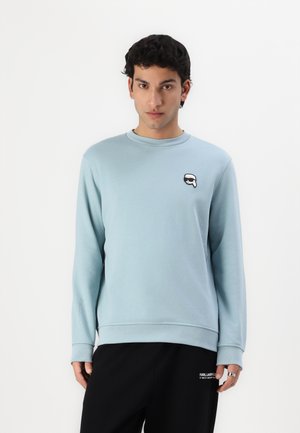 Light blue sweatshirt made of cotton blend, featuring a round neckline and a small black and white logo on the chest. Long sleeves, ribbed cuffs.