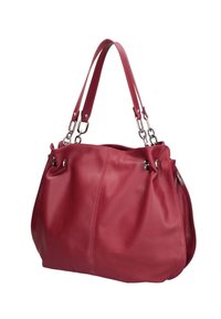 Borsa a mano in pelle rossa con una texture morbida, forma morbida, doppi manici e dettagli in metallo. Caratterizzata da una parte superiore arricciata e una silhouette elegante.