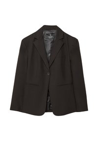 Blazer nero con chiusura a un bottone, rever a lancia, due tasche frontali e una fodera interna liscia. Il tessuto appare strutturato e professionale.