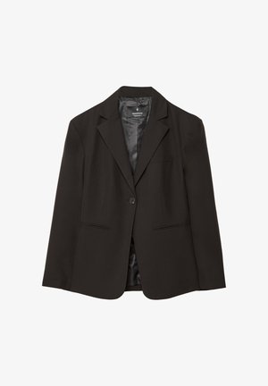 Blazer nero con chiusura a un bottone, rever a lancia, due tasche frontali e una fodera interna liscia. Il tessuto appare strutturato e professionale.
