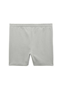 Grå bomuldsshorts med elastisk talje, der har en glat tekstur og ingen synlige mønstre eller designs. Standard længde og pasform.