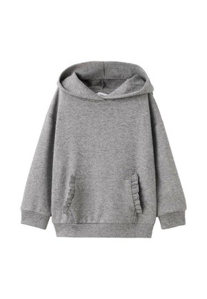 Felpa grigia con cappuccio, a maniche lunghe, dal fit rilassato e con dettagli arricciati sulle tasche frontali. Realizzata in un tessuto morbido e testurizzato.