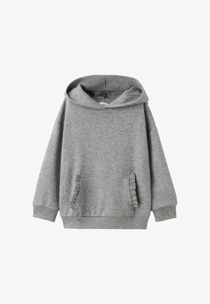 Grijze hoodie met lange mouwen, een ontspannen pasvorm en gerimpelde accenten op de voorzakken. Gemaakt van zachte, textuurstof.