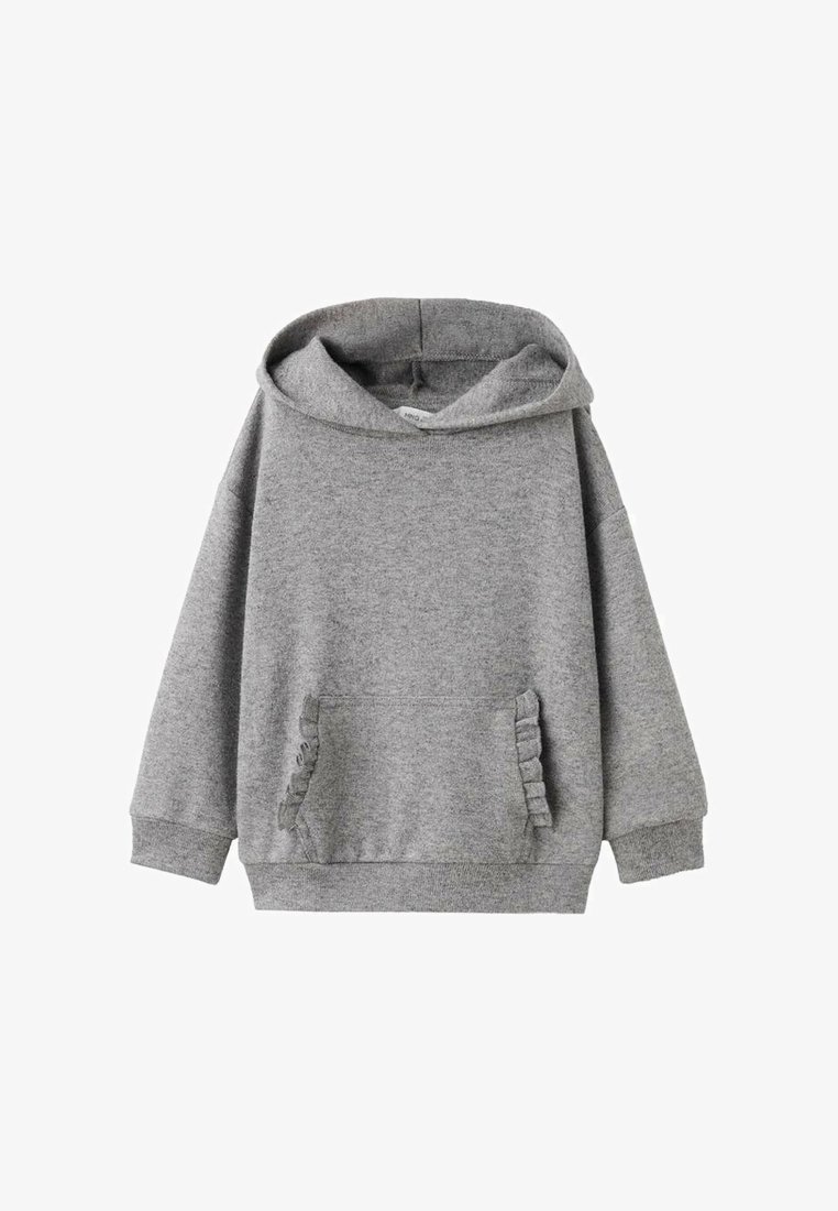 Felpa grigia con cappuccio, a maniche lunghe, dal fit rilassato e con dettagli arricciati sulle tasche frontali. Realizzata in un tessuto morbido e testurizzato.