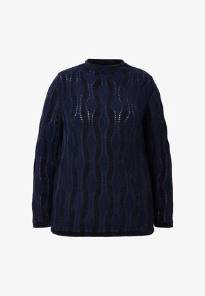 Marineblauwe gebreide trui met een golvend patroon en contrasterende gemarmerde accenten, ronde halslijn en lange mouwen.