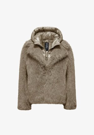 Faux-Fur-Bomberjacke in Tan mit gepolsterter, metallischer Kapuze, Reißverschluss vorne und langen Ärmel mit strukturiertem Finish.