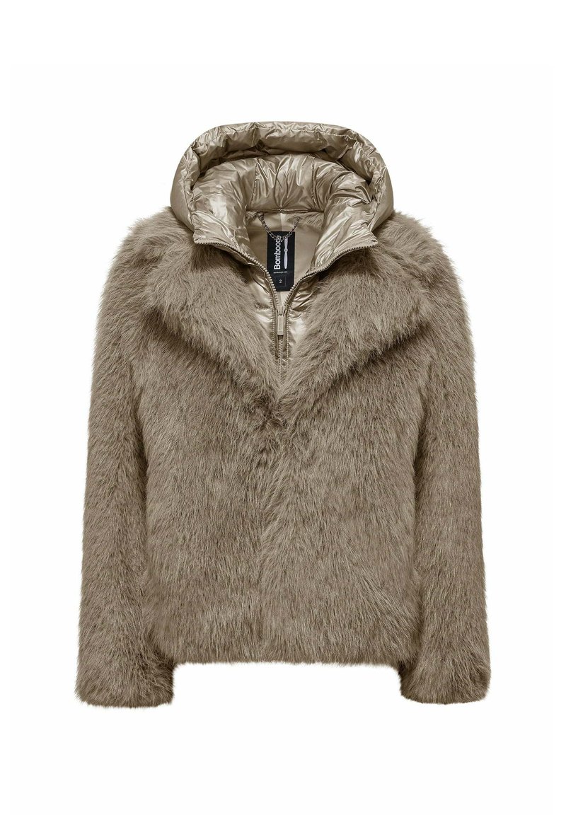 Faux fur bomberjack in tan met een gewatteerde, metalen capuchon, ritssluiting aan de voorkant en lange mouwen met een gestructureerde afwerking.