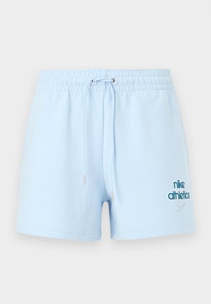 Light blue cotton athletic shorts with an elastic waistband, drawstring, and "nike athletics" logo in darker blue. Smooth texture, casual fit.