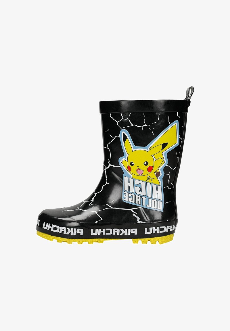 Czarne kalosze dziecięce z żółtą podeszwą, grafiką Pikachu, białymi błyskawicami i napisem "HIGH VOLTAGE" na boku.