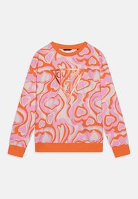 Wielokolorowy sweter z wzorem serc w kolorach różowym, pomarańczowym i kremowym. Zawiera trójkątną naszywkę logo na środku. Wygodny materiał.