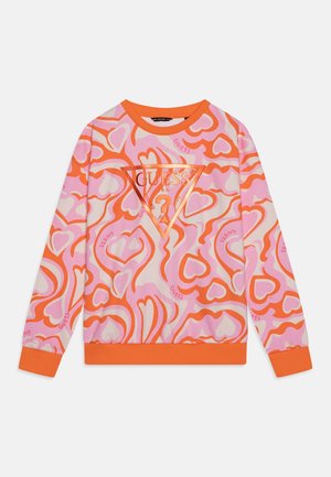 Multifarvet sweatshirt med hjerte mønster i pink, orange og krem. Inkluderer et trekantet logo lappe i midten. Komfortabelt stof.
