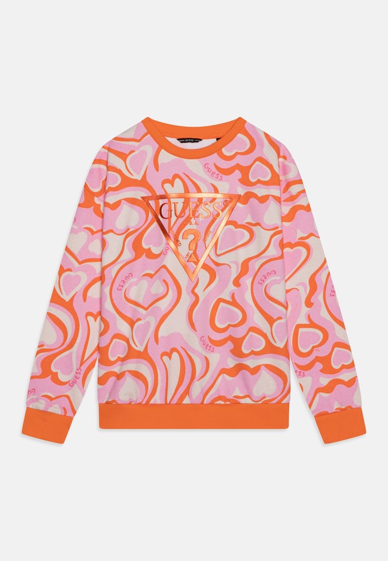 Wielokolorowy sweter z wzorem serc w kolorach różowym, pomarańczowym i kremowym. Zawiera trójkątną naszywkę logo na środku. Wygodny materiał.