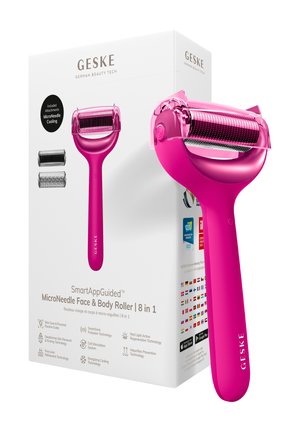 Lyserød mikronåle ansigts- og krop roller med udskiftelige hoveder, vist sammen med hvid produktæske, der fremhæver funktioner og app-kompatibilitet.