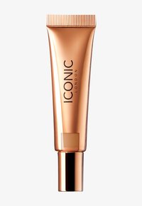 Roségullrør med ribbet hette og en gjennomsiktig seksjon; har svart tekst "ICONIC LONDON" på siden. Elegant design egnet for kosmetikk.