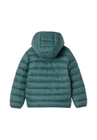 Teal Farbige Daunenjacke mit Kapuze, mit gesteppten Abschnitten und elastischen Bündchen. Glatte Textur; entworfen für Wärme und Komfort.
