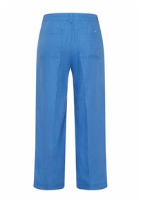 Light blue linen trousers with wide legs, featuring two back pockets and a smooth texture. Simple design with a relaxed fit.