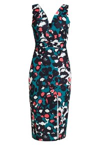 Robe crayon fleurie avec un décolleté en V profond, présentant un motif multicolore de bleu sarcelle, noir, blanc et corail. Design ajusté avec une fente latérale.
