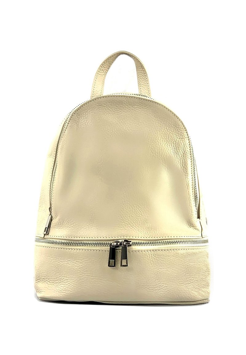 Beige leren rugzak met een ronde vorm, prominente dubbele ritssluiting en een handvat aan de bovenkant. Gevoeliger oppervlakte met een minimalistisch ontwerp.