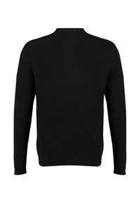 Schwarzer gestrickter Pullover mit einem gerippten Muster, Rundhalsausschnitt und langen Ärmeln. Die Rückansicht zeigt ein nahtloses Design ohne Verzierungen.
