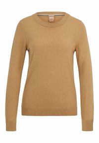 Sweter z długim rękawem w kolorze camel, okrągły dekolt, ściągacze przy rękawach i dole, wykonany z miękkiej dzianiny o subtelnej fakturze. Widoczna metka marki.