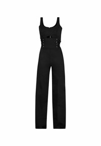 Mono negro con un cuerpo ajustado, escote cuadrado y un detalle de corte. Presenta un diseño de pierna ancha y acentos de cordones en la cintura.