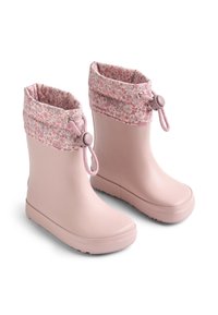 Rožinės guminės lietaus batai su gėlėtu audinio manžetu. Turi raištelių užsegimą ir tekstūruotą pado dalį, užtikrinančią sukibimą. Lygi, neperšlampanti išorė.