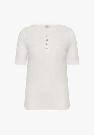 Chemise blanche à manches courtes avec encolure dégagée et quatre petits boutons sur la patte de boutonnage avant, étiquetée "KAFFE".