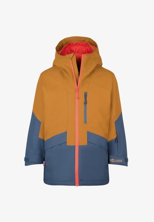 Oranž ja sinine suusajope kapuutsiga, millel on eesmine tõmblukk, rinna-tasku, elastsed mansetid ja logo varrukal.