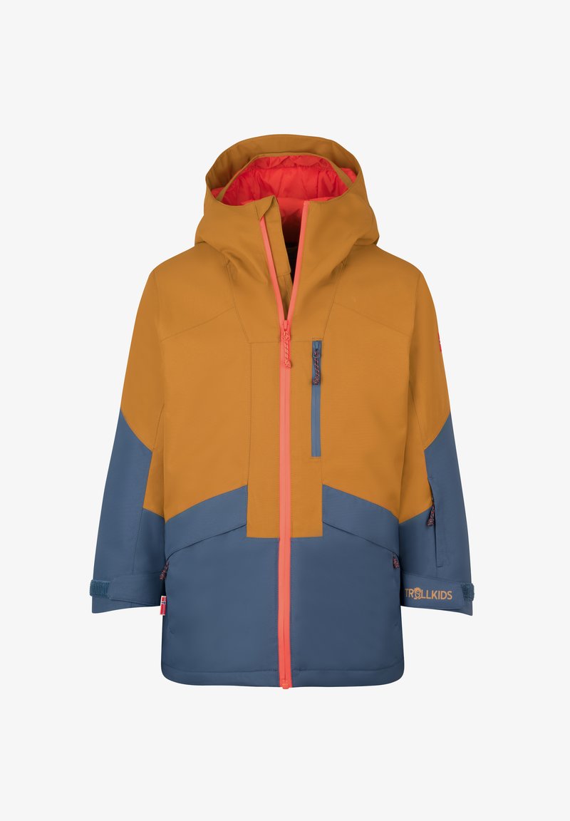 Oranžinė ir mėlyna slidinėjimo striukė su gobtuvu, turinti priekinį užtrauktuką, krūtinės kišenę, elastingus rankogalius ir LOGO ant rankovės.