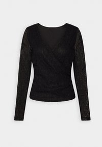 Black lace long-sleeve top with a V-neck, wrap design, textured floral pattern, and a fitted silhouette. Features a smooth inner lining.