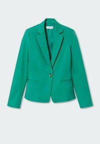 Blazer vert avec un seul bouton doré, design structuré, revers crantés et deux poches avant. Confectionné en tissu lisse.