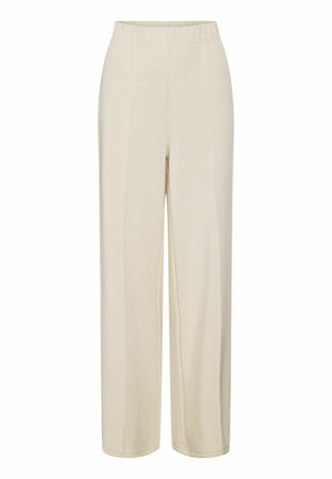Beżowe spodnie o wysokim stanie i szerokich nogawkach, z elastycznym pasem i pionowymi przeszyciami z przodu.