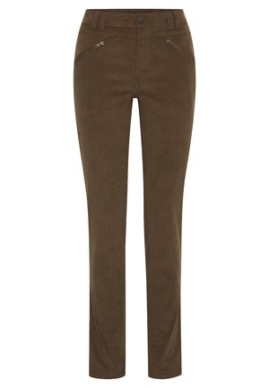 Pantalons en tissu marron avec une coupe slim, dotés de deux poches zippées angulaires à l'avant et d'une fermeture à bouton à la taille.