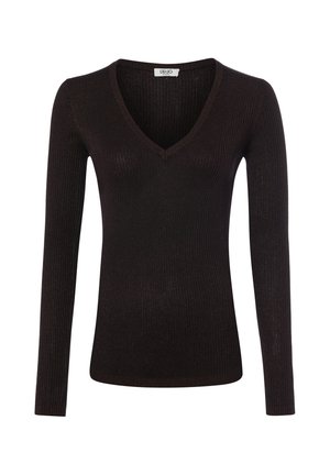 Pull noir en maille côtelée à manches longues, col en V, coupe slim, avec une étiquette de marque LIU JO à l'intérieur de l'encolure.