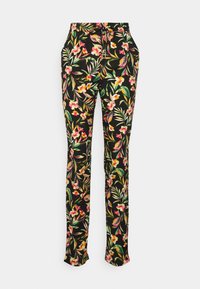 Black floral pants featuring vibrant pink and green tropical patterns, with a relaxed fit and elastic waistband for comfort.