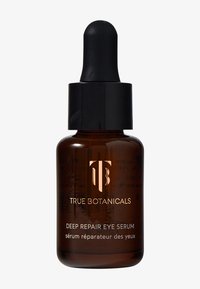 Brun glasdropperflaska med svart kork, med en logotyp och guldtextetikett för "True Botanicals Deep Repair Eye Serum."
