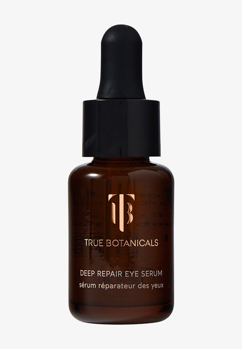 Brun glasdropperflaska med svart kork, med en logotyp och guldtextetikett för "True Botanicals Deep Repair Eye Serum."