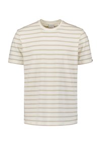 Helle cremefarbene Kurzarm-T-Shirt mit horizontalen braunen Streifen. Verfügt über einen runden Ausschnitt und einen strukturierten Stoff für zusätzliche Details.