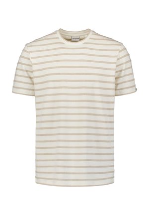 Light cream short-sleeve t-shirt with horizontal tan stripes. Features a round neckline and a textured fabric for added detail.