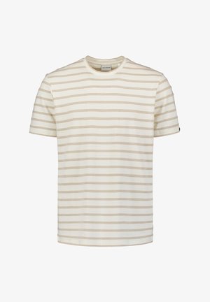 Light cream short-sleeve t-shirt with horizontal tan stripes. Features a round neckline and a textured fabric for added detail.