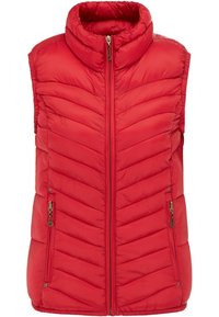 Rode gewatteerde bodywarmer met een hoge kraag, ritssluiting aan de voorkant en twee zijzakken. Heeft een chevrondessin en een gladde, lichte textuur.