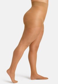 Naga, przezroczyste rajstopy o gładkiej powierzchni, z wysokim stanem i stopkami, z matowym wykończeniem i wzmocnioną częścią palców.