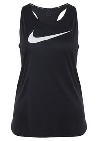 Camiseta sin mangas Dri-FIT negra con un prominente logotipo de Nike en blanco. Presenta un diseño de espalda nadadora, textura suave y un corte holgado.
