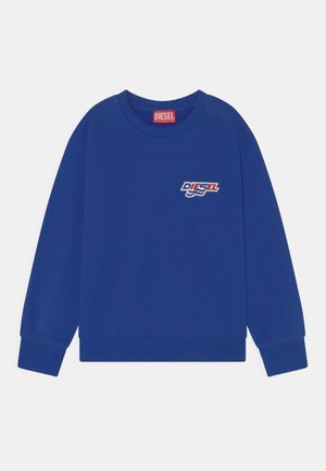 Blå langærmet sweatshirt med rund hals og ribkanter ved ærmeafslutning og kant, med en lille flerfarvet Diesel-logo på brystet.