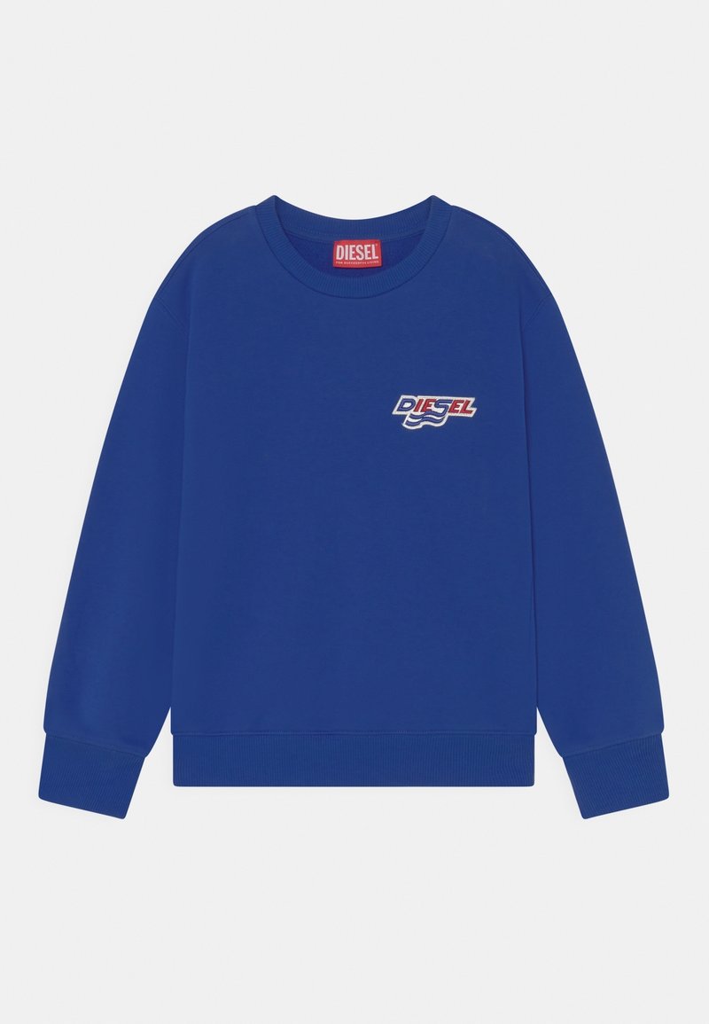 Sweat-shirt bleu à manches longues col rond, avec poignets et bas-côtes, orné d'un petit logo Diesel multicolore sur la poitrine.